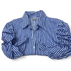 Blue White Striped Puff Sleeve Button Down Blouse Women’s Top Cottagecore S Work